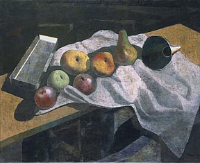 "Bodegon : Cinco manzanas, pera, embudo, caja de latas. 81 x 100 cm. 2000. Huile sur toile cire d'abeille - morales