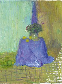 Pot de fleurs et citrons sur table violette, 2008. 130 x 97 cm. Huile sur toile - truphemus